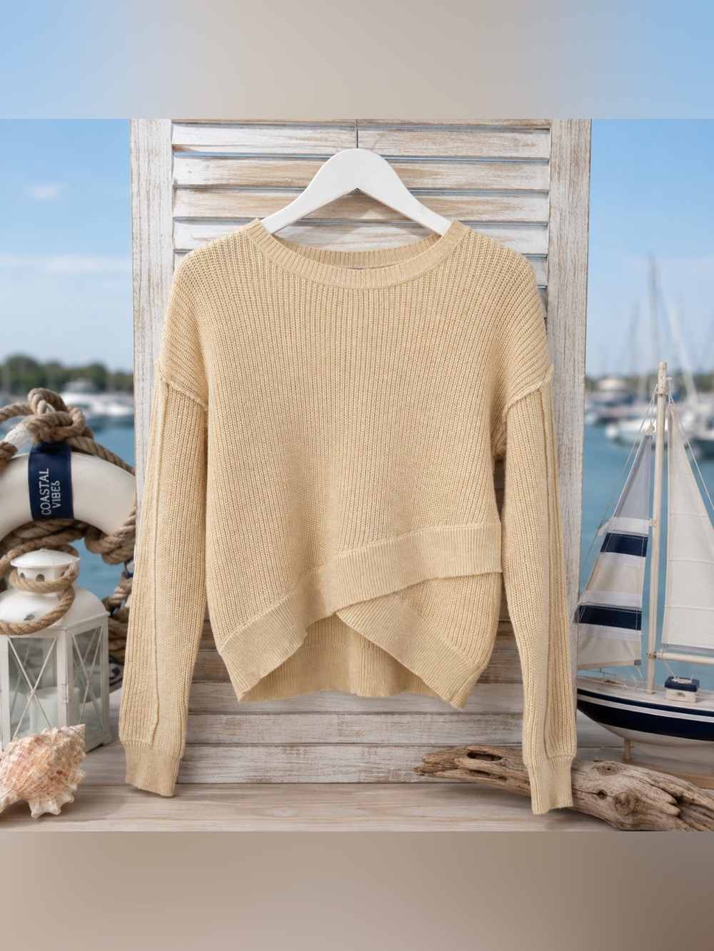 Hem & Thread Beige Asymmetrical Rib Knit Sweater NWT S
